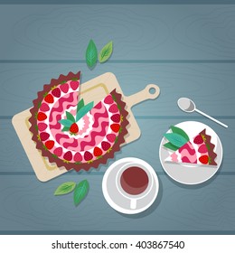 Cake Plate Cup Tea Coffee Wooden Textured Table Celebration Top Angle View Flat Vector Illustration