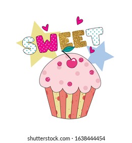 cake polka pattern gold glitter star heart fruit cherry green leaf text line girl tee illustration art vector 