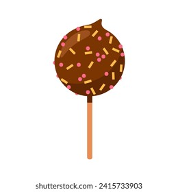 Cake pop vector icon. Tasty dessert with chocolate glaze and colorful sprinkles. A treat on a stick, sweet pastry for kids. Round snack for a party, birthday. Flat cartoon clipart isolated on white