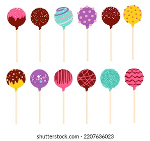 Cake pops and chocolate lollipop candies. Sweet food or pastry dessert vector balls on wood sticks. Isolated cakepops, covered with chocolate glaze, sprinkles, chopped nuts and colorful sugar pearls