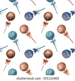 Cake pops seamless pattern. Watercolor dessert illustration.
