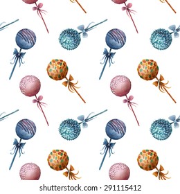Cake pops seamless pattern. Watercolor dessert illustration.