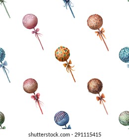 Cake pops seamless pattern. Watercolor dessert illustration.