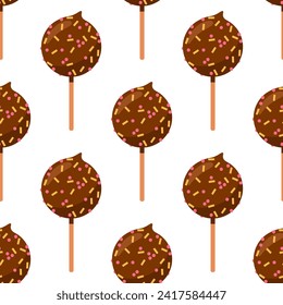 Cake pops seamless vector pattern. Tasty cupcake with chocolate icing, colorful sprinkles. A treat on a stick, sweet pastry for kids. Round snack for a party, birthday, event. Flat cartoon background