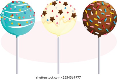 Cake Pops Set: Mint, Vanilla and Chocolate Flavors with Colorful Sprinkles and Cream Drizzle Toppings. Celebratory Pastries on Skewers 