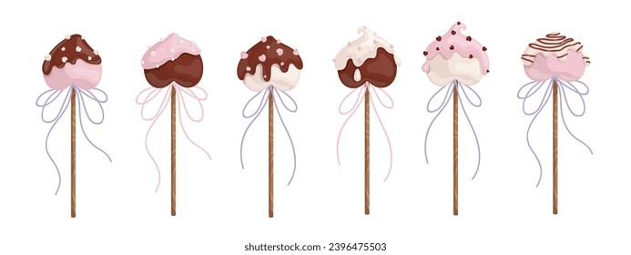 Cake pops in the shape of a heart. A set of themed desserts for Valentine's Day. Vector graphics.