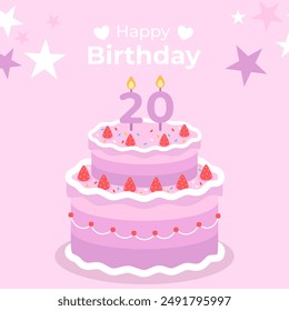 Cake poster design for 20 year girl birthday party. Festive cake for birthday boy, Happy Birthday cake.