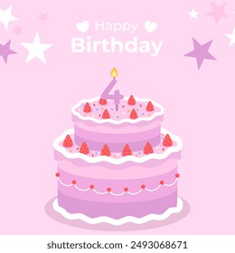 Diseño del cartel de la torta para la fiesta de cumpleaños de la muchacha de 4 años. Pastel festivo para cumpleañero, pastel de cumpleaños feliz.