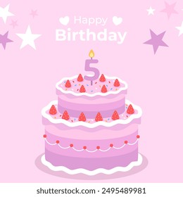 Diseño del cartel de la torta para la fiesta de cumpleaños de la muchacha de 5 años. Pastel festivo para cumpleañero, pastel de cumpleaños feliz.