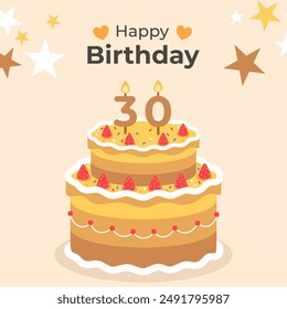 Cake poster design for birthday cake congratulations 30 years old birthday. Festive cake for birthday