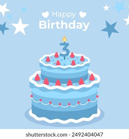 Cake poster design for birthday cake congratulations 3 years old birthday. Festive cake for birthday