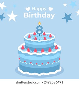 Cake poster design for birthday cake congratulations 8 years old birthday. Festive cake for birthday