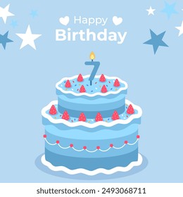 Cake poster design for birthday cake congratulations 7 years old birthday. Festive cake for birthday