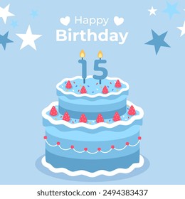 Cake poster design for birthday cake congratulations 15 years old birthday. Festive cake for birthday