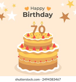 Cake poster design for birthday cake congratulations 70 years old birthday. Festive cake for birthday