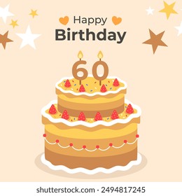 Diseño de cartel de pastel de cumpleaños felicitaciones cumpleaños 60 años de edad. Pastel festivo para cumpleaños