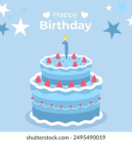 Cake poster design for birthday cake congratulations 1 years old birthday. Festive cake for birthday