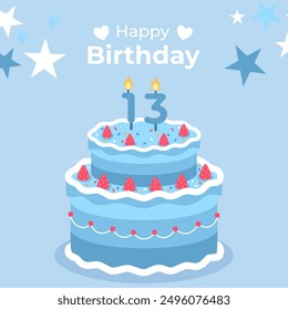 Cake poster design for birthday cake congratulations 13 years old birthday. Festive cake for birthday