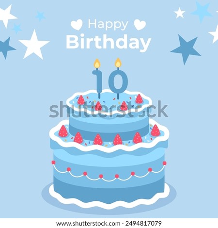 Cake poster design for birthday cake congratulations 10 years old birthday. Festive cake for birthday