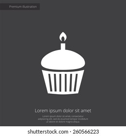 cake premium illustration icon, isolated, white on dark background, with text elements 