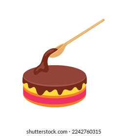 Cake preparation eighth step cartoon illustration. Pouring chocolate topping on cake. Birthday chocolate frosted cake. Dessert recipe, instruction for cooking pie concept