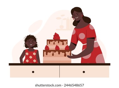 Concepto de proceso de preparación de pasteles. Madre con hija cerca del postre y la delicadeza. Mujer y niña cocinando productos dulces. Pequeño ayudante y ayudante. Ilustración vectorial plana de dibujos animados