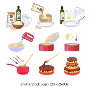 Cake preparation steps cartoon illustration set. Mixing ingredients for dough, baking pastries. Birthday chocolate frosted cake. Dessert recipe, instruction for cooking pie concept