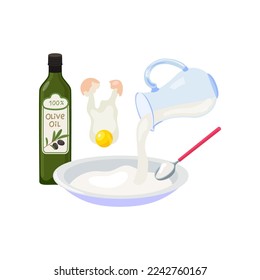 Cake preparation third step cartoon illustration. Ingredients for cake dough. Adding milk, egg, flour and oil. Birthday chocolate frosted cake. Dessert recipe, instruction for cooking pie concept