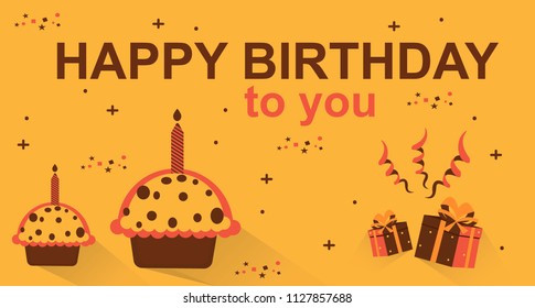 Cake and Present Happy birthday Combination Creative Design,  with Brown color, Orange Background Vector Art Illustration.