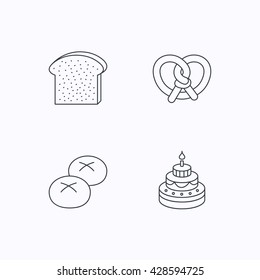 Cake, pretzel and bread rolls icons. Toast linear sign. Flat linear icons on white background. Vector