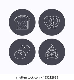 Cake, pretzel and bread rolls icons. Toast linear sign. Flat icons in circle buttons on white background. Vector