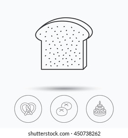 Cake, pretzel and bread rolls icons. Toast linear sign. Linear icons in circle buttons. Flat web symbols. Vector