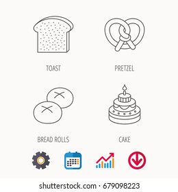 Cake, pretzel and bread rolls icons. Toast linear sign. Calendar, Graph chart and Cogwheel signs. Download colored web icon. Vector