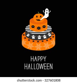 Cake with pumpkin, ghost, spider and web. Happy Halloween. Black background. Flat design. Vector illustration