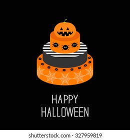 Cake with pumpkin, spider and web. Happy Halloween. Black background. Flat design. Vector illustration