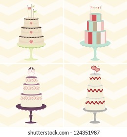 Cake Quartet: A foursome of trendy, whimsical cakes will add fun to your celebration design. Can be used together or individually. Fully editable vector illustration.