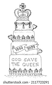 Cake to Queen jubilee. 'God save the Queen' slogan on cake. British Holiday party cake. Hand drawn vector illustration.