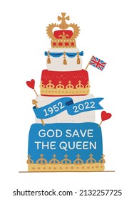 Cake to Queen jubilee. 'God save the Queen' slogan on cake. British Holiday party cake. Hand drawn color vector illustration. - Shutterstock ID 2132257725