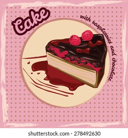 Cake with raspberries and chocolate, poster, vector illustration