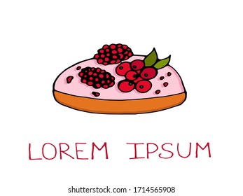 Cake with raspberries and cream.Pastry on a white background. Vector isolated illustration with pie and berries. Doodle style. Logo with sweets. Printing on paper, fabrics, dishes, posters. 