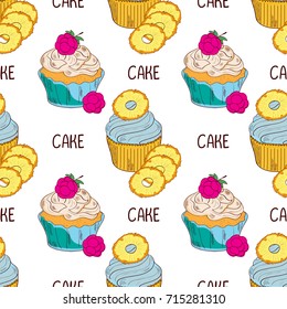 Cake. Raspberries, pineapple. Background, wallpaper, unhurried. On a white background. Sketch, doodle.