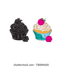 Cake. With raspberries. Set. Color pattern and black silhouette. Sketch.
