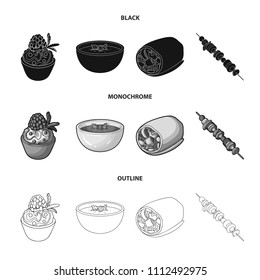 Cake with raspberries, vegetarian soup with greens, sausages from vegetables, skewers of vegetables. Vegetarian dishes set collection icons in black,monochrome,outline style vector symbol stock