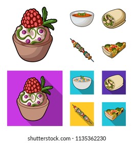Cake with raspberries, vegetarian soup with greens, sausages from vegetables, skewers of vegetables. Vegetarian dishes set collection icons in cartoon,flat style vector symbol stock illustration web.