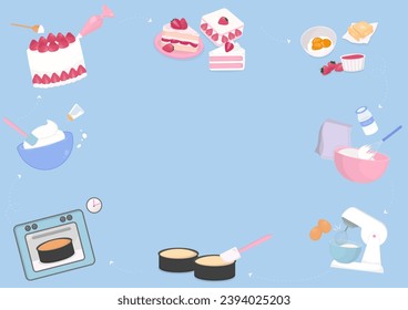 Cake recipe background. Strawberry cake, ingredients, and baking tools on a blue background.