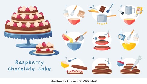 Cake recipe, baking dessert step by step instruction. Delicious birthday chocolate cake with cream, sweet bakery preparation vector illustration. Raspberry tasty pastry cooking process