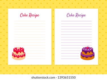 Cake Recipe Cookbook Design Templates, Card with Lines for Recipe Placement Vector Illustration