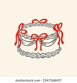 Cake with red bows. Vector illustration in vintage coquette aesthetic. Hand drawn sketch style. Clipart for holiday, birthday, wedding, valentines day