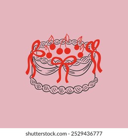 Bolo com cerejas vermelhas e arcos. Ilustração vetorial em estilo de esboço retrô. Aniversário de feriado, casamento, clipart dia dos namorados