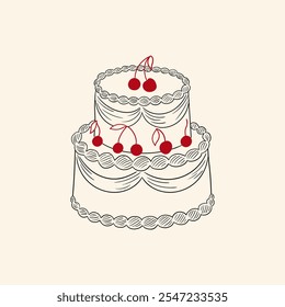 Bolo com cerejas vermelhas. Ilustração vetorial em estilo de esboço. Aniversário de feriado, casamento, clipart dia dos namorados